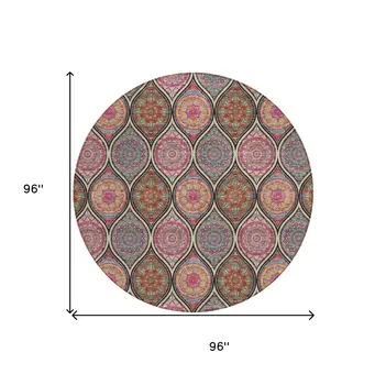 8' Black Pink And Orange Round Floral Medallion Washable Indoor Outdoor Area Rug