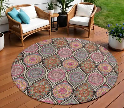 8' Black Pink And Orange Round Floral Medallion Washable Indoor Outdoor Area Rug