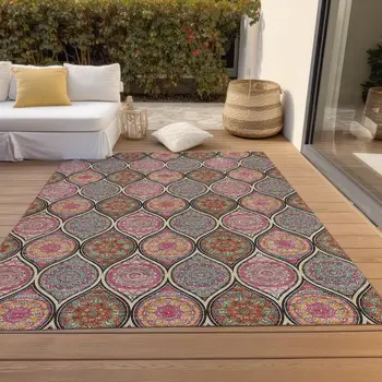 8' X 10' Black Pink And Orange Floral Medallion Washable Indoor Outdoor Area Rug