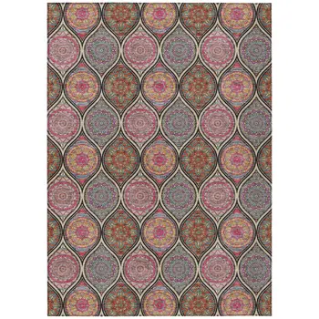 8' X 10' Black Pink And Orange Floral Medallion Washable Indoor Outdoor Area Rug
