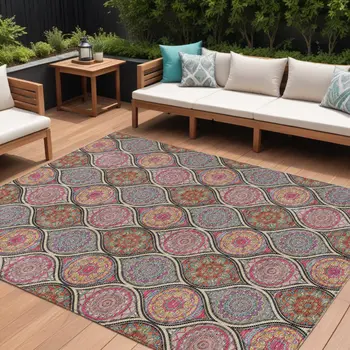 9' X 12' Black Pink And Orange Floral Medallion Washable Indoor Outdoor Area Rug