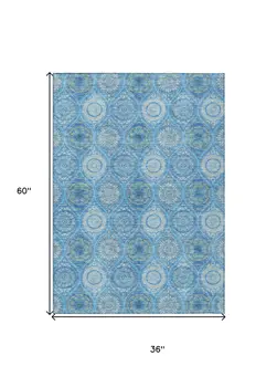 3' X 5' Denim Blue Sky Blue And Ivory Floral Medallion Washable Indoor Outdoor Area Rug