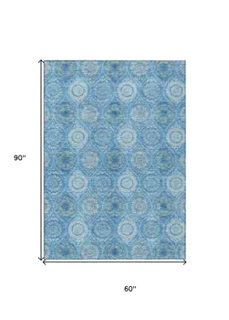 5' X 8' Denim Blue Sky Blue And Ivory Floral Medallion Washable Indoor Outdoor Area Rug