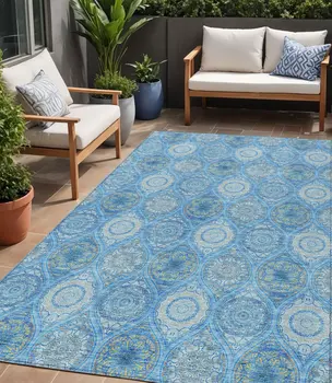 5' X 8' Denim Blue Sky Blue And Ivory Floral Medallion Washable Indoor Outdoor Area Rug