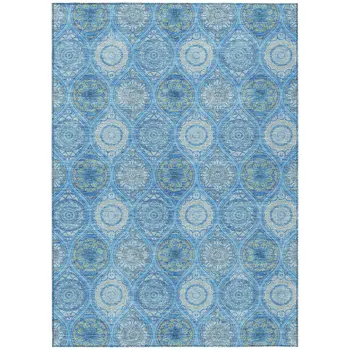 5' X 8' Denim Blue Sky Blue And Ivory Floral Medallion Washable Indoor Outdoor Area Rug