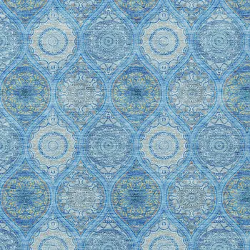 5' X 8' Denim Blue Sky Blue And Ivory Floral Medallion Washable Indoor Outdoor Area Rug