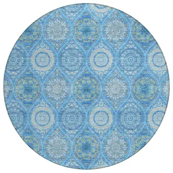 8' Denim Blue Sky Blue And Ivory Round Floral Medallion Washable Indoor Outdoor Area Rug