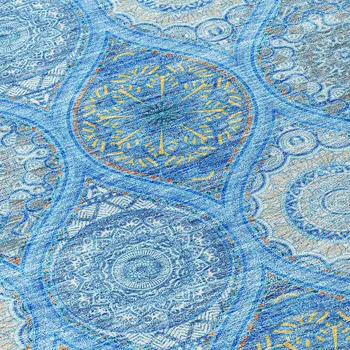 8' Denim Blue Sky Blue And Ivory Round Floral Medallion Washable Indoor Outdoor Area Rug