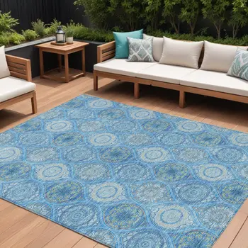 8' X 10' Denim Blue Sky Blue And Ivory Floral Medallion Washable Indoor Outdoor Area Rug