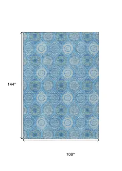 9' X 12' Denim Blue Sky Blue And Ivory Floral Medallion Washable Indoor Outdoor Area Rug