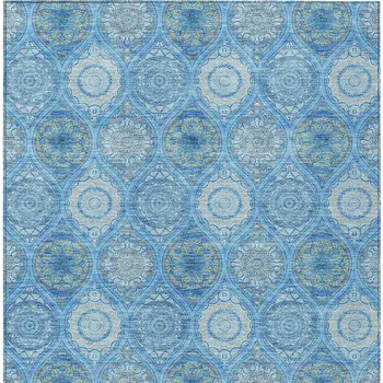 10' X 14' Denim Blue Sky Blue And Ivory Floral Medallion Washable Indoor Outdoor Area Rug
