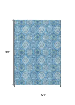 10' X 14' Denim Blue Sky Blue And Ivory Floral Medallion Washable Indoor Outdoor Area Rug