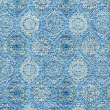 10' X 14' Denim Blue Sky Blue And Ivory Floral Medallion Washable Indoor Outdoor Area Rug