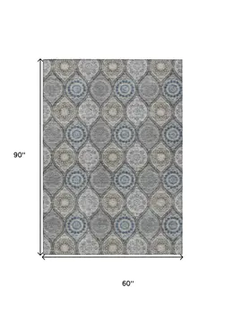 5' X 8' Gray Ivory And Navy Blue Floral Medallion Washable Indoor Outdoor Area Rug