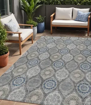 5' X 8' Gray Ivory And Navy Blue Floral Medallion Washable Indoor Outdoor Area Rug