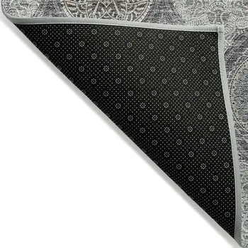 5' X 8' Gray Ivory And Navy Blue Floral Medallion Washable Indoor Outdoor Area Rug