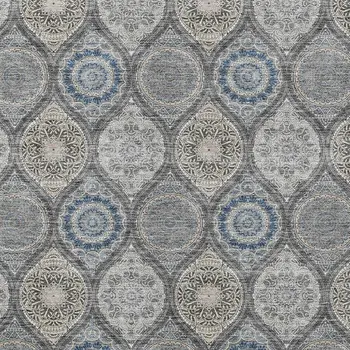 5' X 8' Gray Ivory And Navy Blue Floral Medallion Washable Indoor Outdoor Area Rug