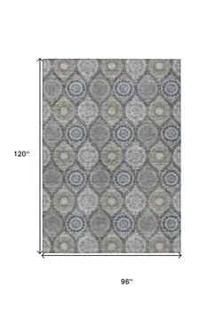 8' X 10' Gray Ivory And Navy Blue Floral Medallion Washable Indoor Outdoor Area Rug