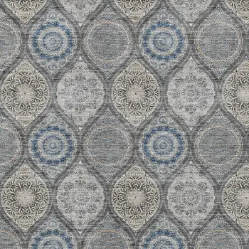 8' X 10' Gray Ivory And Navy Blue Floral Medallion Washable Indoor Outdoor Area Rug
