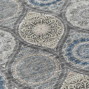 8' X 10' Gray Ivory And Navy Blue Floral Medallion Washable Indoor Outdoor Area Rug