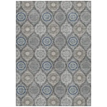 9' X 12' Gray Ivory And Navy Blue Floral Medallion Washable Indoor Outdoor Area Rug