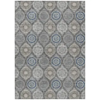 9' X 12' Gray Ivory And Navy Blue Floral Medallion Washable Indoor Outdoor Area Rug
