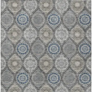 10' X 14' Gray Ivory And Navy Blue Floral Medallion Washable Indoor Outdoor Area Rug