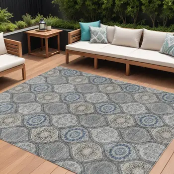 10' X 14' Gray Ivory And Navy Blue Floral Medallion Washable Indoor Outdoor Area Rug