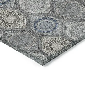 10' X 14' Gray Ivory And Navy Blue Floral Medallion Washable Indoor Outdoor Area Rug