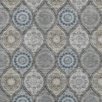10' X 14' Gray Ivory And Navy Blue Floral Medallion Washable Indoor Outdoor Area Rug