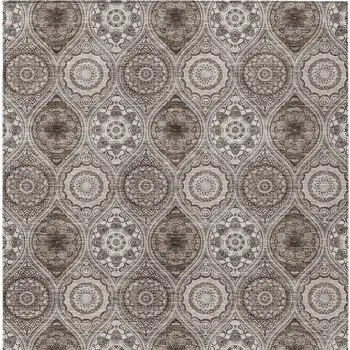 3' X 5' Khaki Ivory And Taupe Floral Medallion Washable Indoor Outdoor Area Rug