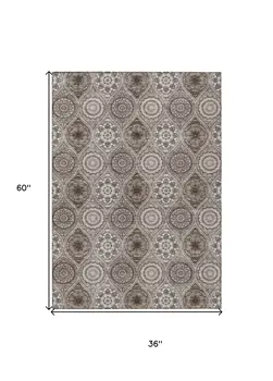 3' X 5' Khaki Ivory And Taupe Floral Medallion Washable Indoor Outdoor Area Rug