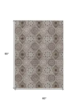 5' X 8' Khaki Ivory And Taupe Floral Medallion Washable Indoor Outdoor Area Rug