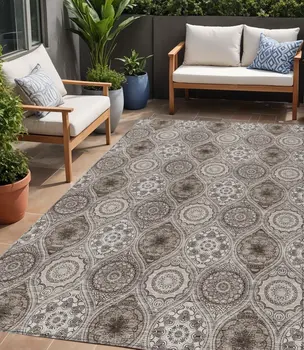 5' X 8' Khaki Ivory And Taupe Floral Medallion Washable Indoor Outdoor Area Rug