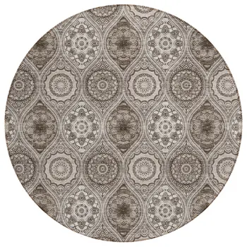 8' Khaki Ivory And Taupe Round Floral Medallion Washable Indoor Outdoor Area Rug