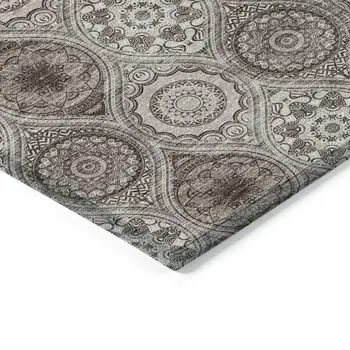 8' Khaki Ivory And Taupe Round Floral Medallion Washable Indoor Outdoor Area Rug