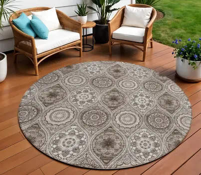 8' Khaki Ivory And Taupe Round Floral Medallion Washable Indoor Outdoor Area Rug