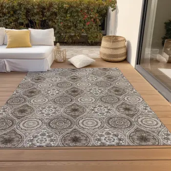 8' X 10' Khaki Ivory And Taupe Floral Medallion Washable Indoor Outdoor Area Rug