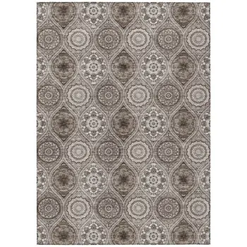 8' X 10' Khaki Ivory And Taupe Floral Medallion Washable Indoor Outdoor Area Rug