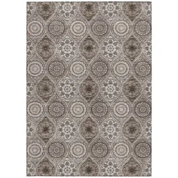 8' X 10' Khaki Ivory And Taupe Floral Medallion Washable Indoor Outdoor Area Rug