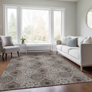 8' X 10' Khaki Ivory And Taupe Floral Medallion Washable Indoor Outdoor Area Rug