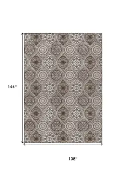 9' X 12' Khaki Ivory And Taupe Floral Medallion Washable Indoor Outdoor Area Rug