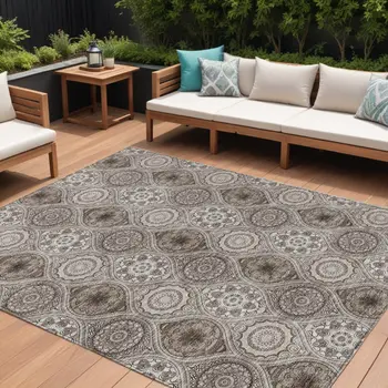 9' X 12' Khaki Ivory And Taupe Floral Medallion Washable Indoor Outdoor Area Rug