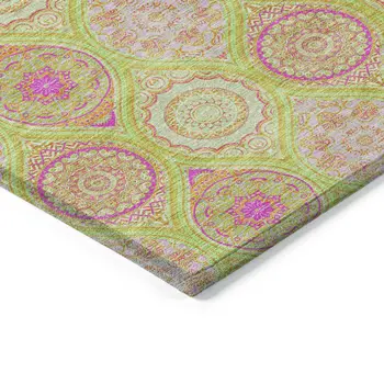 5' X 8' Lime Green Pink And Ivory Floral Medallion Washable Indoor Outdoor Area Rug