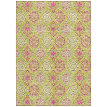 9' X 12' Lime Green Pink And Ivory Floral Medallion Washable Indoor Outdoor Area Rug