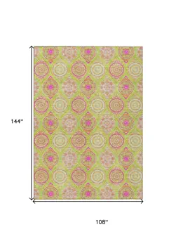 9' X 12' Lime Green Pink And Ivory Floral Medallion Washable Indoor Outdoor Area Rug