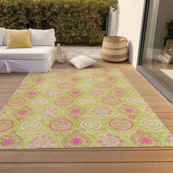 9' X 12' Lime Green Pink And Ivory Floral Medallion Washable Indoor Outdoor Area Rug