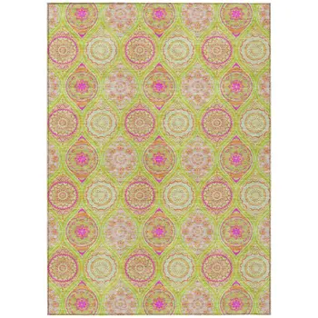9' X 12' Lime Green Pink And Ivory Floral Medallion Washable Indoor Outdoor Area Rug