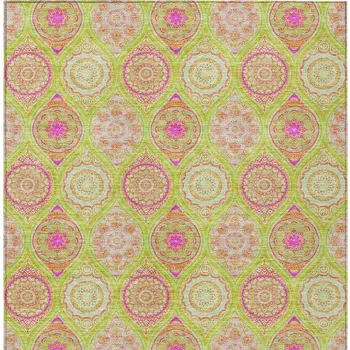 9' X 12' Lime Green Pink And Ivory Floral Medallion Washable Indoor Outdoor Area Rug