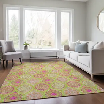 9' X 12' Lime Green Pink And Ivory Floral Medallion Washable Indoor Outdoor Area Rug